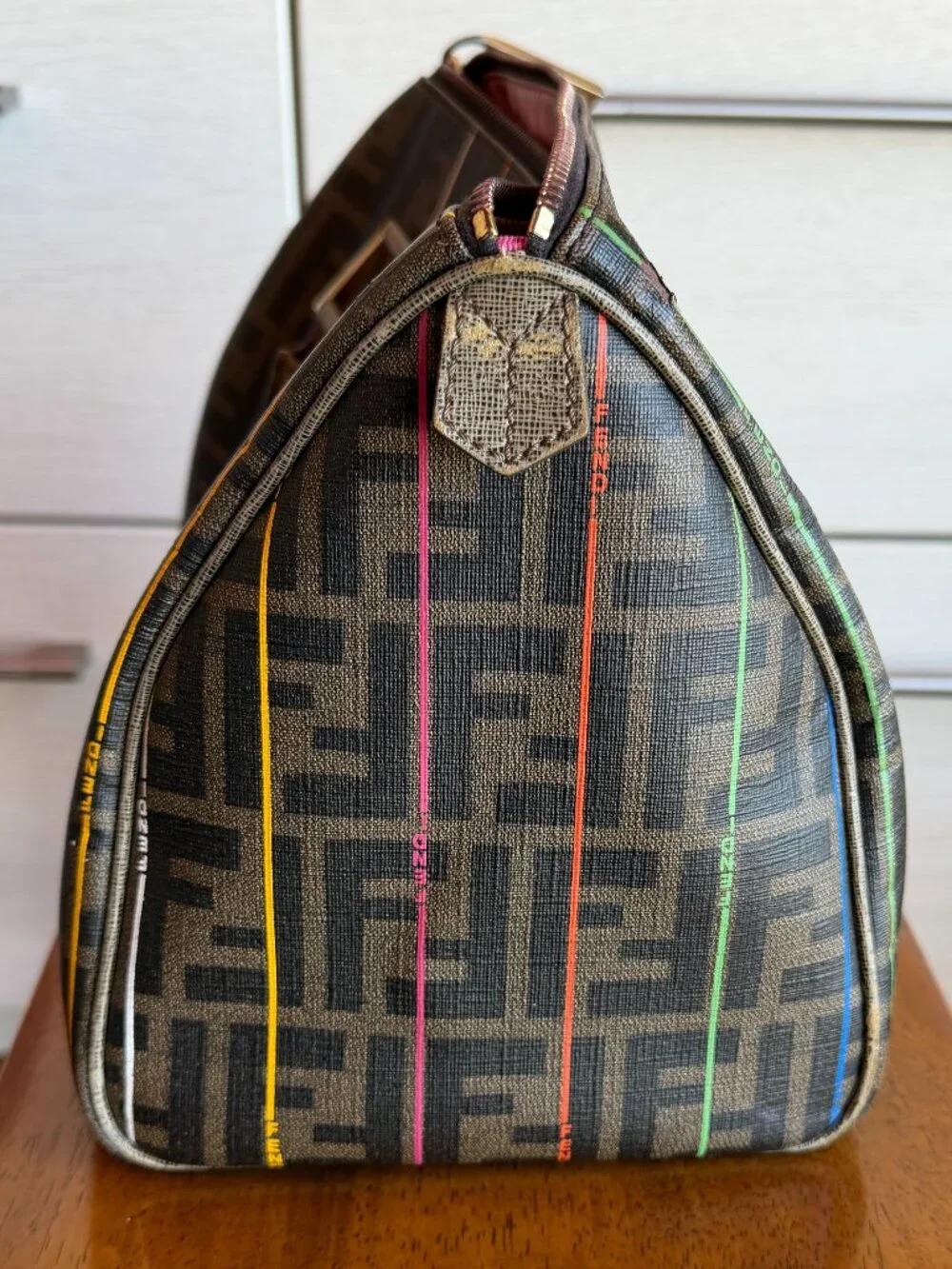 Authentic Fendi Zucca Striped Boston Bag
